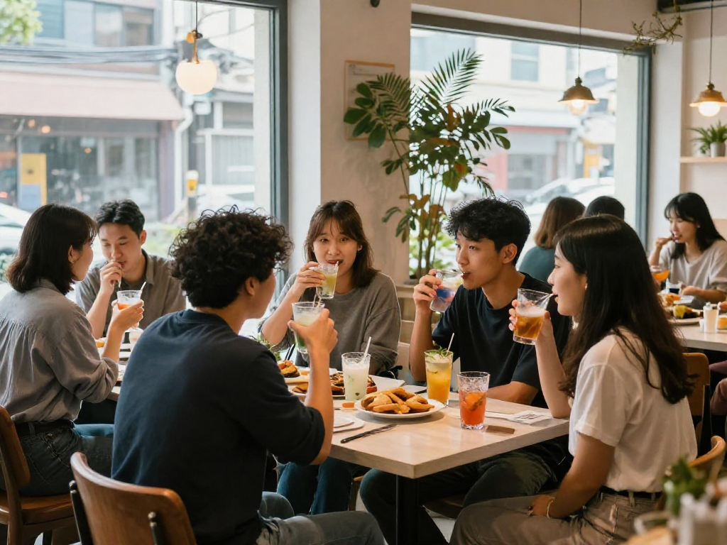 강남쩜오에서 친구들과 음료를 즐기는 트렌디한 카페 장면, 편안한 분위기 강조