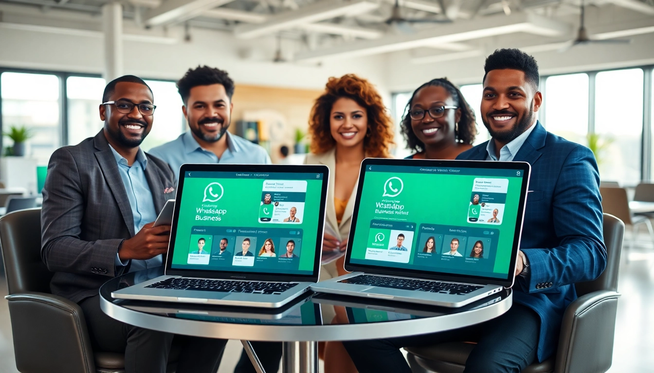 Enhance customer engagement using WhatsApp Business CRM in a vibrant office setting.