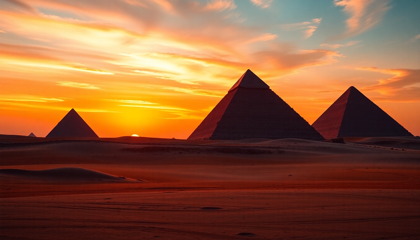 Exquisite view of the Pyramids of Giza at sunset, showcasing their grandeur at https://piraminds.com/ with vibrant colors.