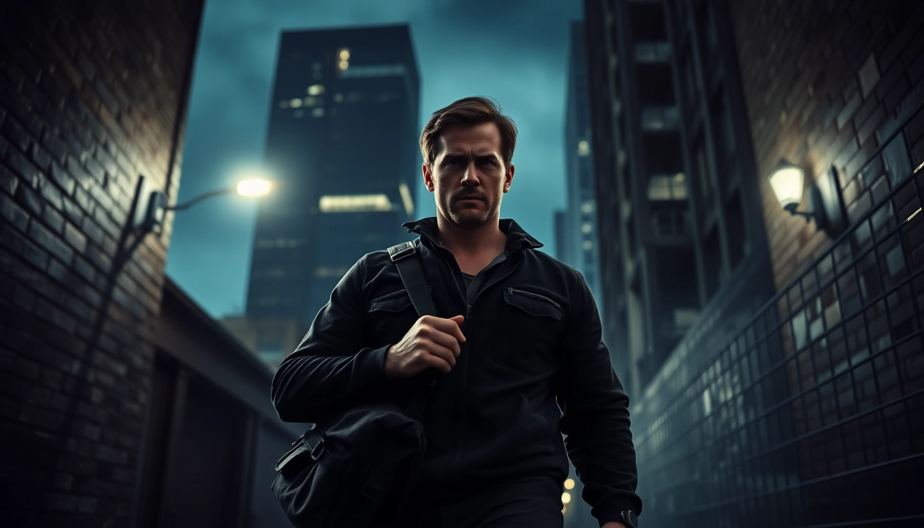Action hero inspired by Better than Jack Reacher stands in a gritty urban alleyway.