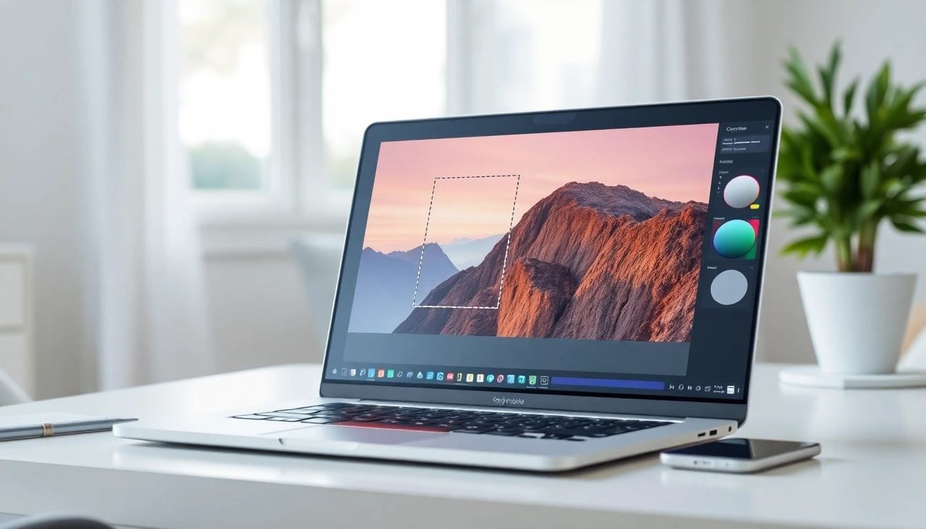 Crop image tool in action on a sleek laptop showing vibrant photos in a bright home office.
