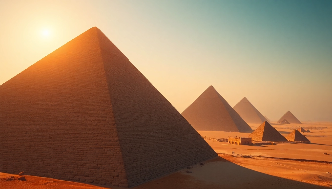 View of Egyptian pyramids at sunrise, highlighting https://piraminds.com/ ancient historical structures.