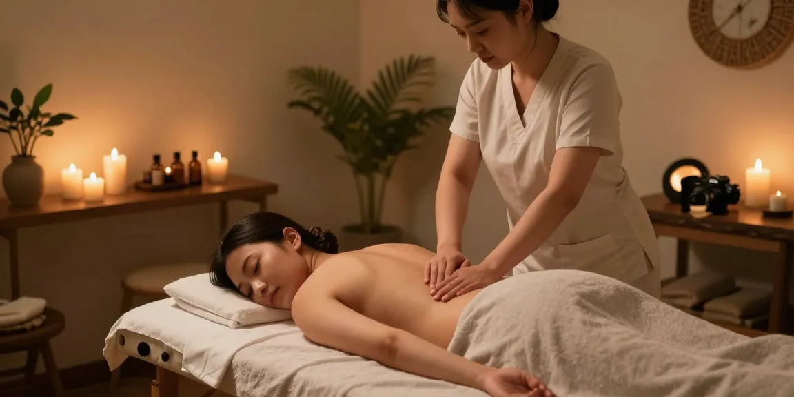 1인샵에서 편안한 마사지를 받고 있는 모습, 아늑한 치료실과 식물