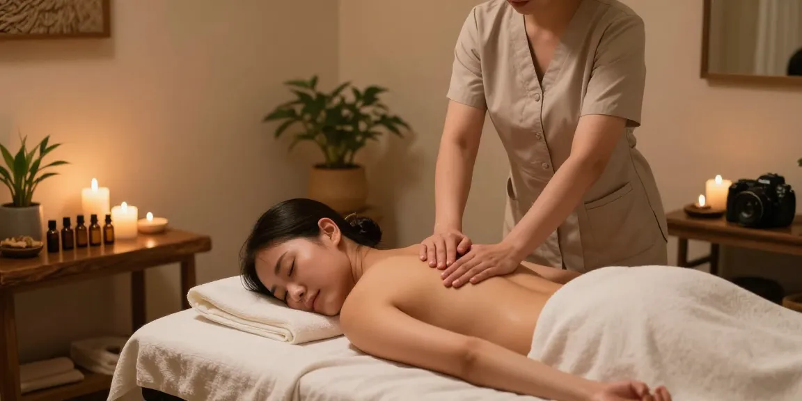 역삼동마사지 테라피스트가 고객에게 스웨디시 마사지를 제공하는 장면, 편안한 분위기와 아늑한 조명으로 힐링을 느낄 수 있는 공간