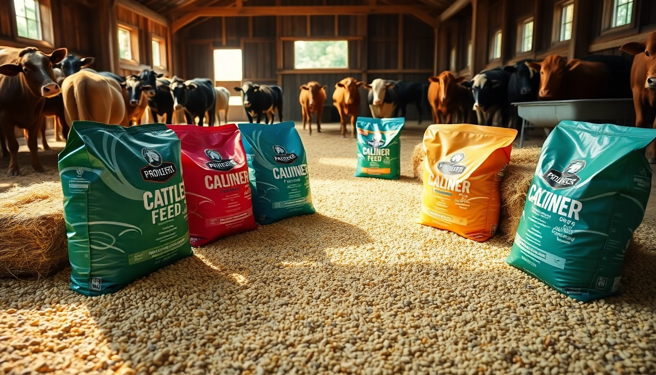 Showcasing cattle feed bags and cattle in a rustic barn to illustrate quality nutrition.