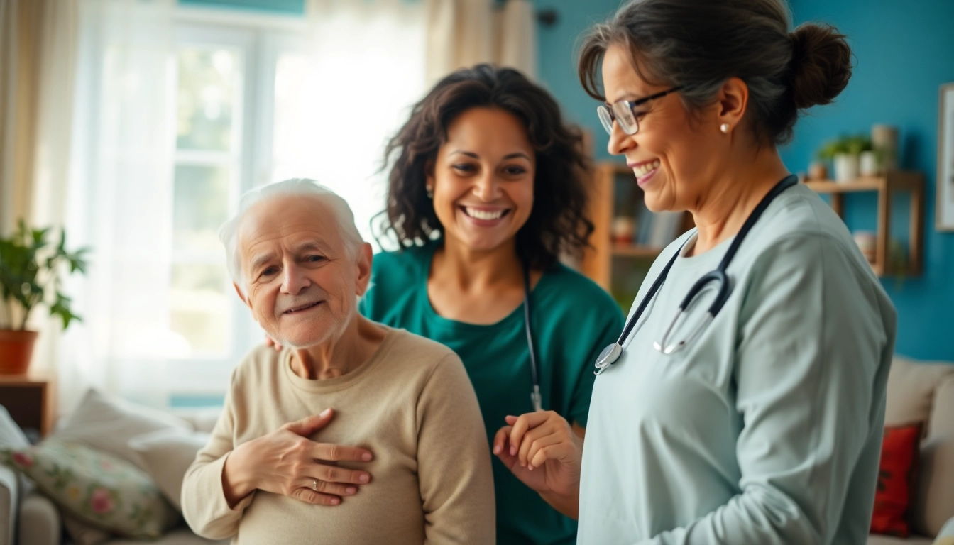 Caregiver providing in home health care near me for elderly individual in cozy living space.