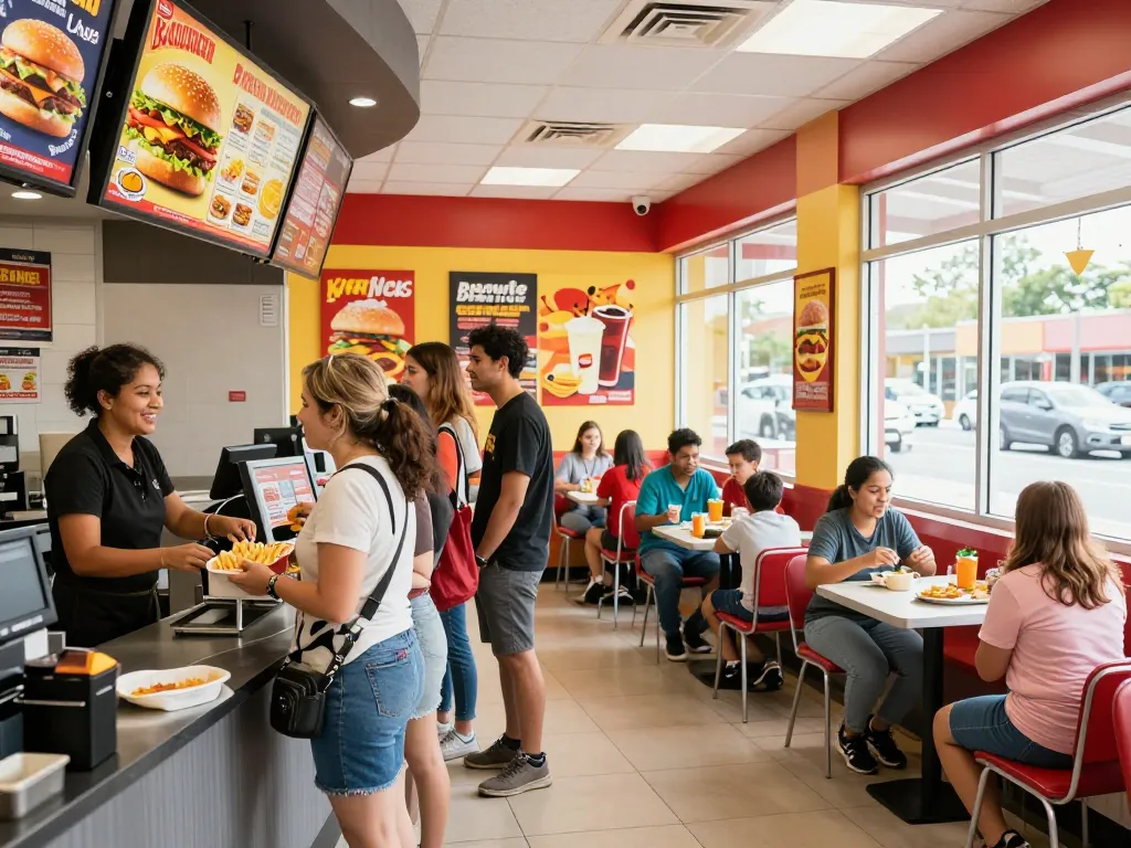 Fast food menu displayed in a busy restaurant during lunchtime with customers enjoying meals.