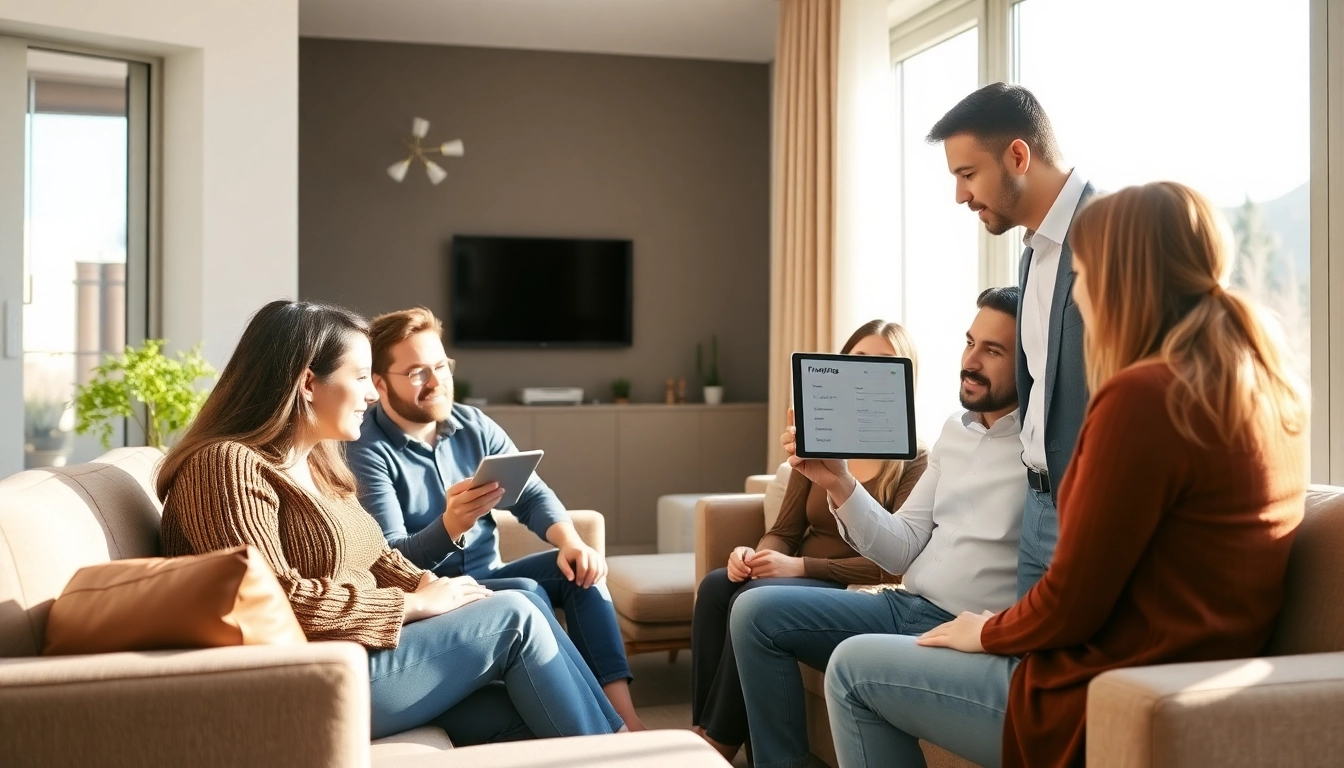 Explore heating financing options with a family consulting a financial advisor in a cozy living room.