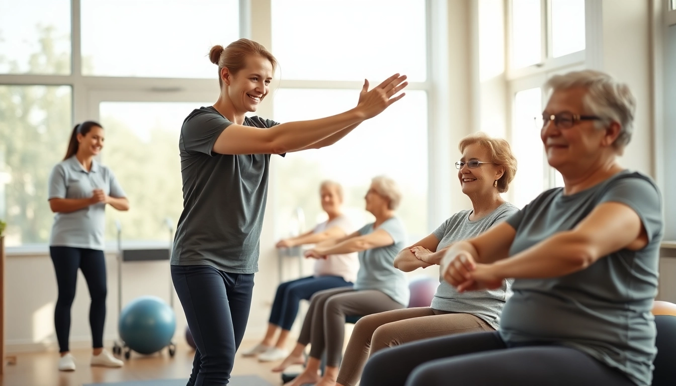 Senior physiotherapy Edmonton: Engaging session with a trainer helping elderly clients exercise.
