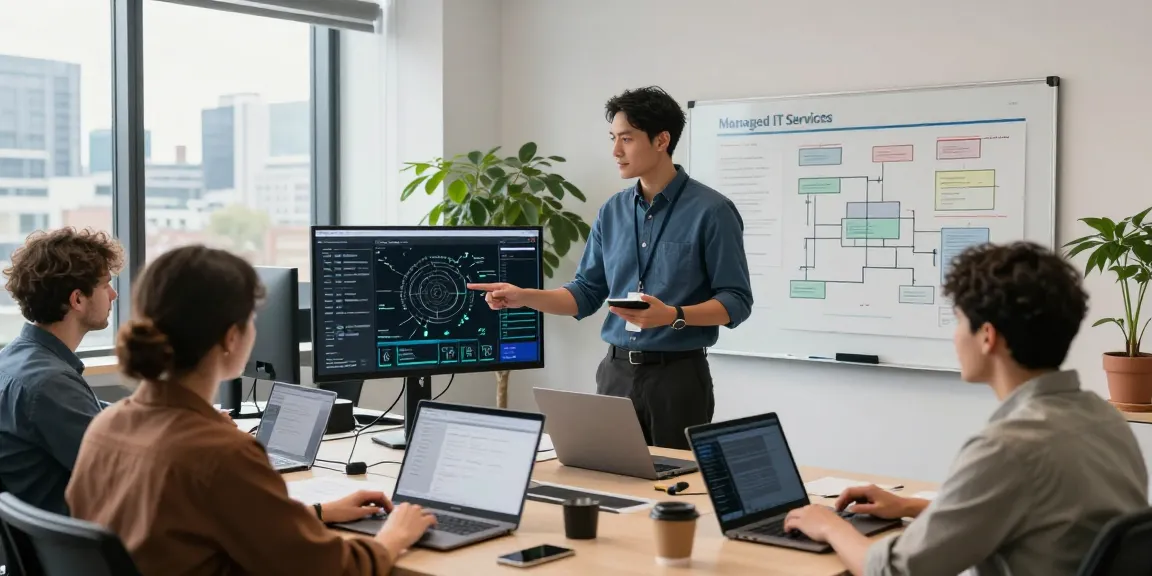 Proactive managed IT services London in action with technicians collaborating in a modern office.