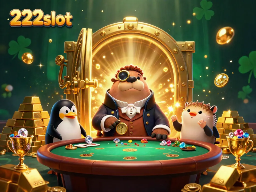 Permainan slot 222slot dengan karakter lucu dan emas berkilauan sebagai latar belakang yang menawan.