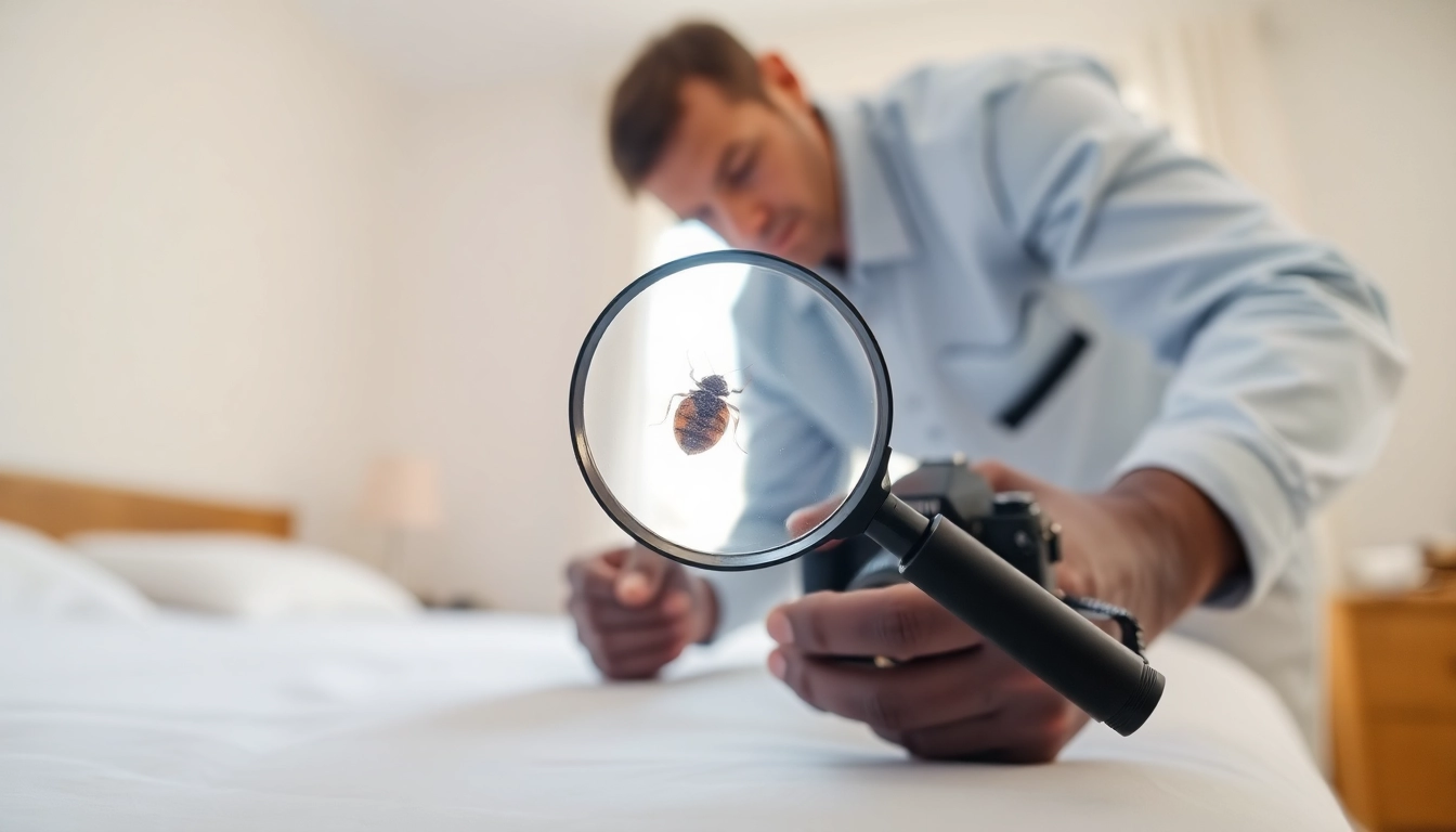 Showcasing affordable bed bug control solutions by a professional pest control technician inspecting a bed.