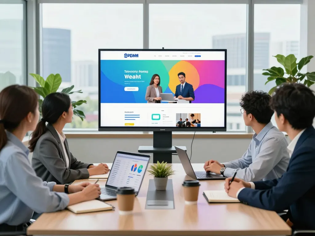 Collaboration on a company website design in a modern office.