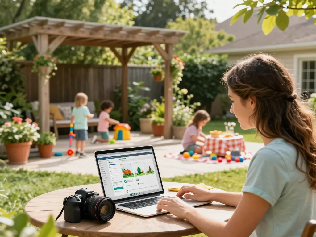 Family using a pergola configurator to design a custom outdoor structure in a sunny backyard.