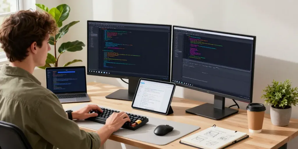Focused developer using Notepad++ with dual monitors in a modern workspace at https://notepad-app.co/ highlighting coding efficiency.