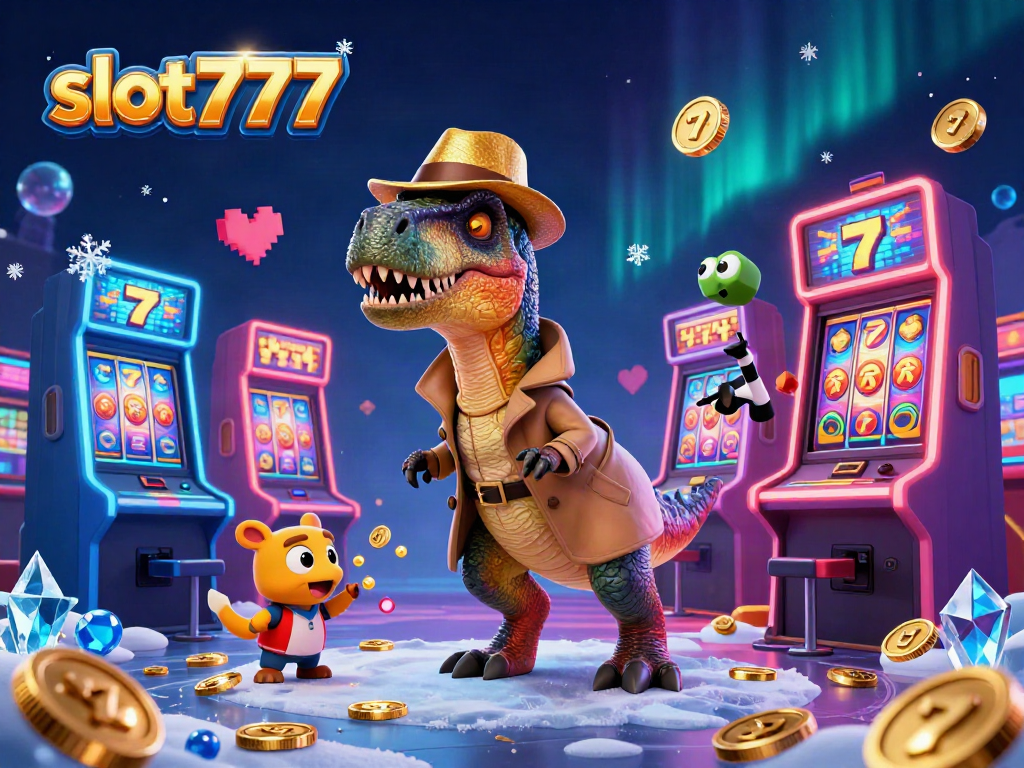 Menggoda kemenangan di mesin slot777 dengan karakter unik velociraptor yang sedang bermain di kasino.