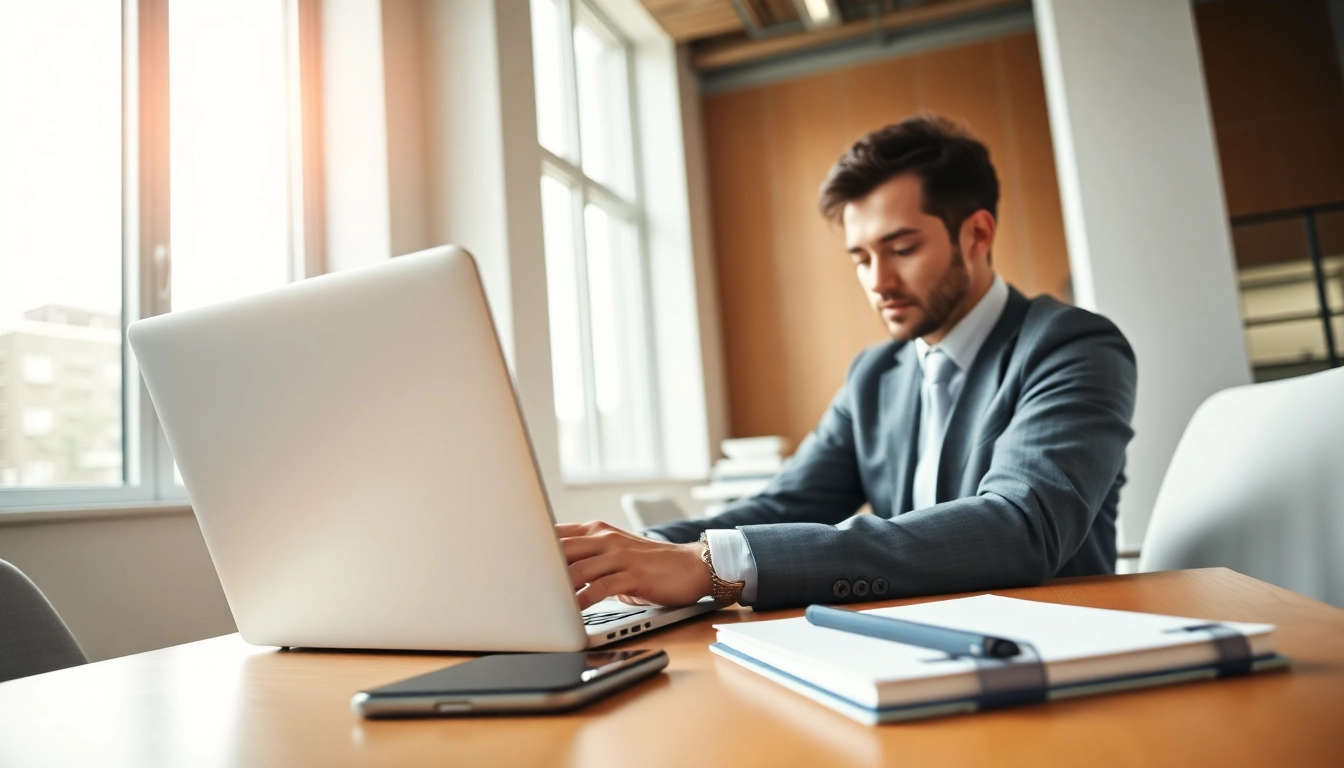 Extract emails from LinkedIn profiles using a professional in a modern office setting.