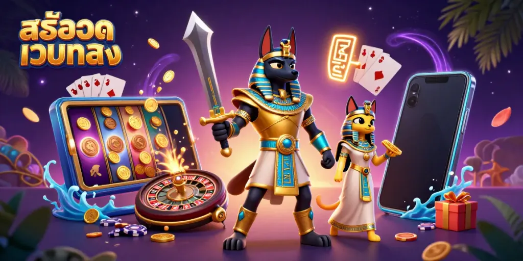 Engaging 3D scene featuring Anubis and Bastet amidst exciting casino elements, highlighting สล็อตเว็บตรง.