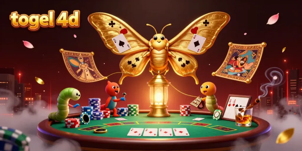 Engage in thrilling togel 4d gaming with a vibrant scene featuring card suits, golden lanterns, and poker elements.