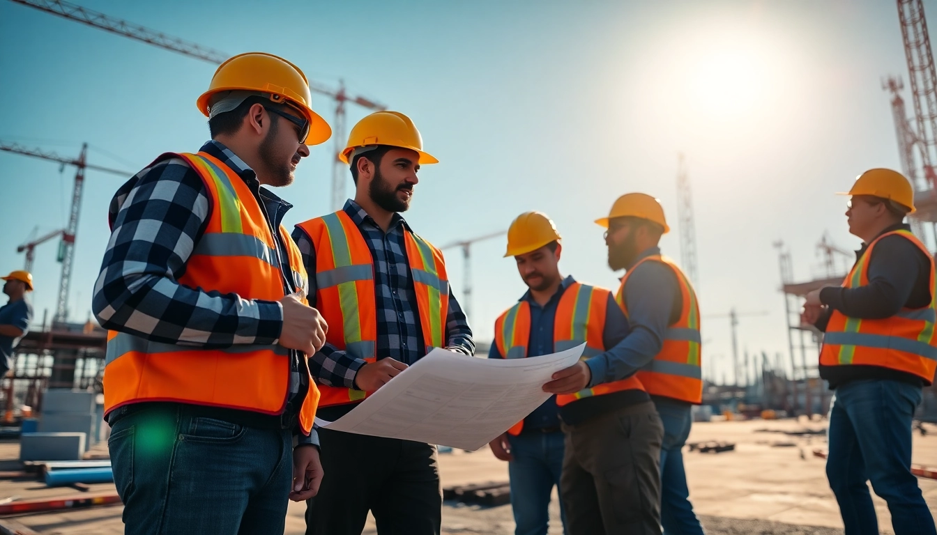 Workers engaging in teamwork at a construction association site emphasizing safety and collaboration.