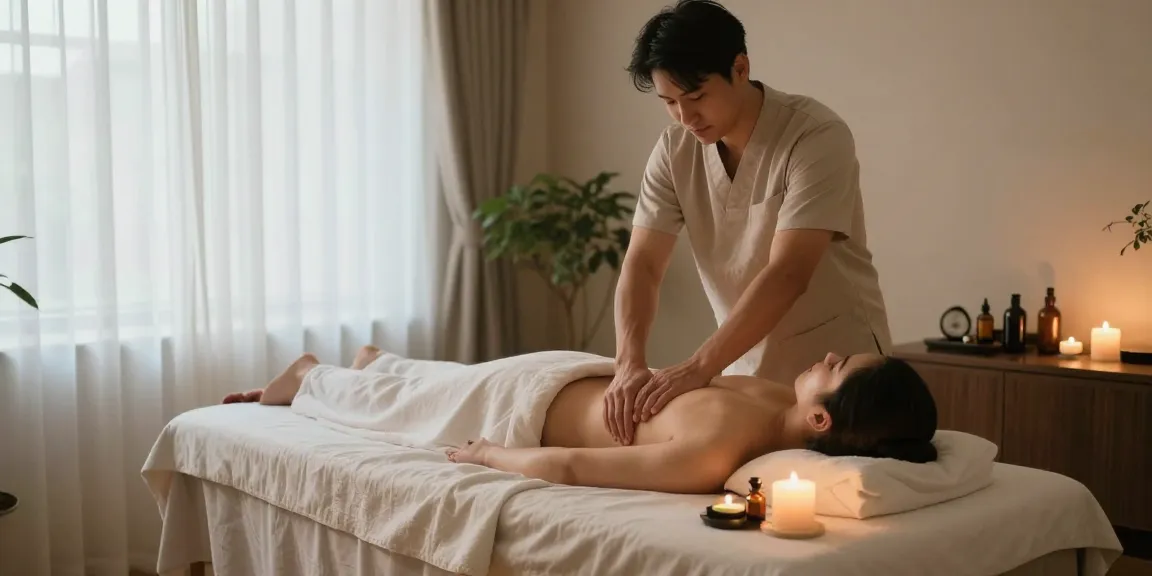 광주마사지가 진행되는 아늑한 마사지룸에서 남성 관리사가 고객에게 편안한 마사지를 제공하고 있습니다.