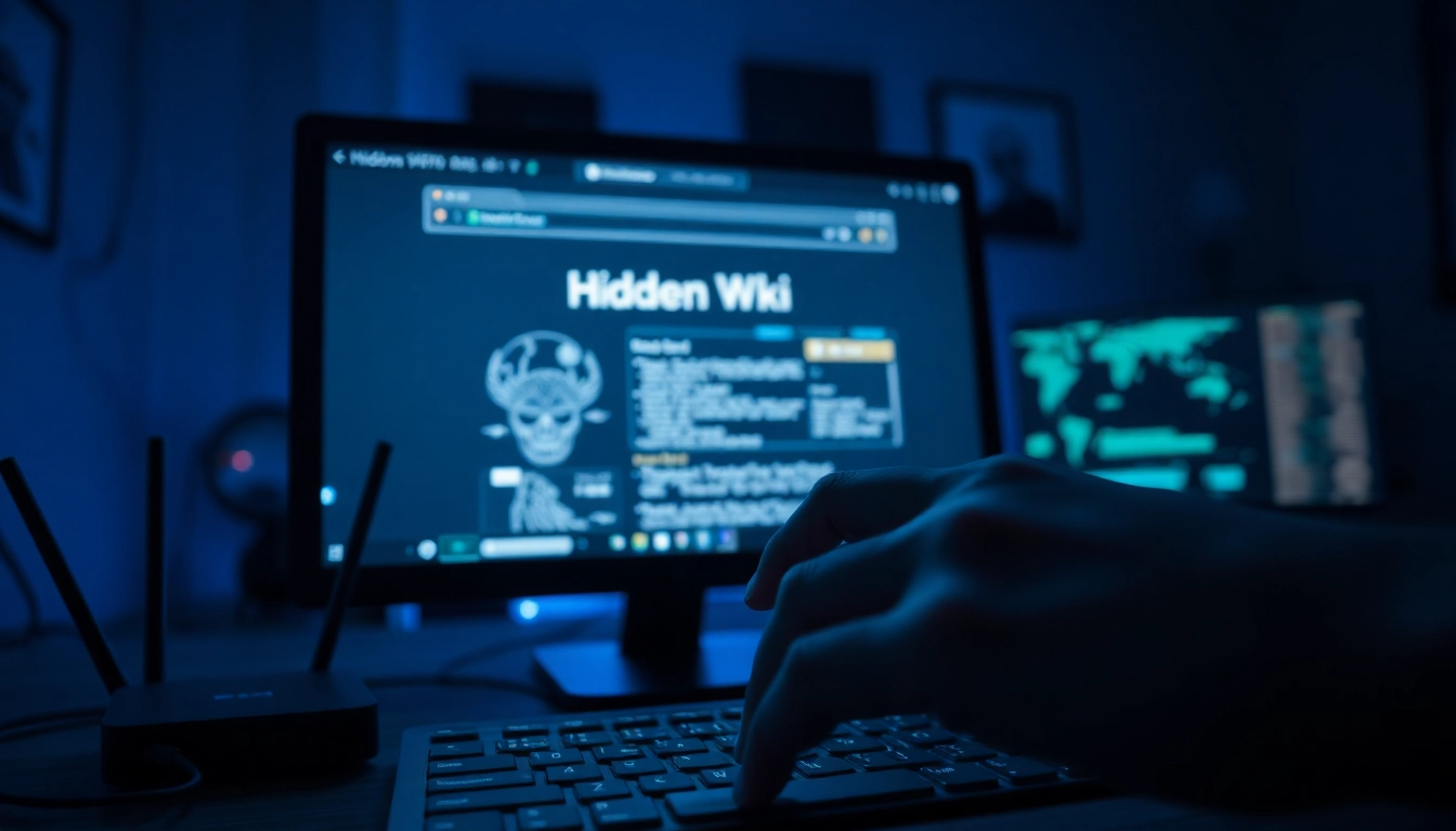 The hidden wiki displayed on a computer screen in a dimly lit room, symbolizing the dark web.