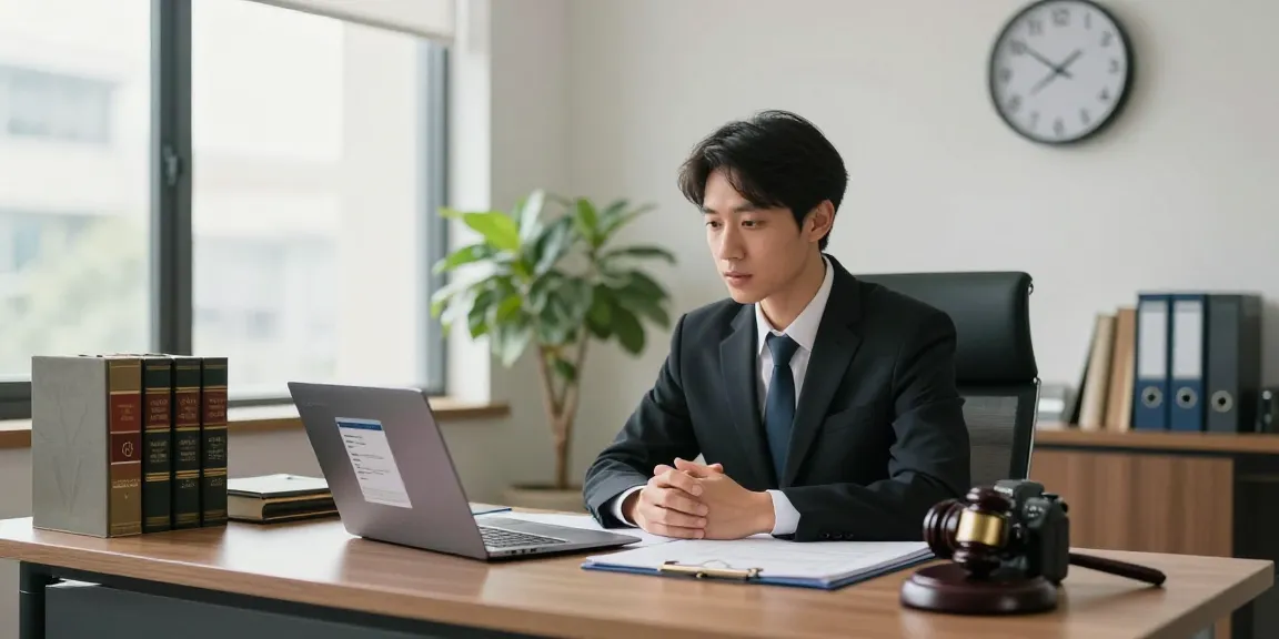 개인회생 상담 중인 변호사와 고객 모습, 전문적이고 현대적인 법률 사무실 환경.