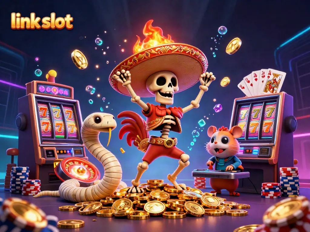 Link slot yang semarak dengan karakter kartun 3D dan koin emas terbang di sekitar.