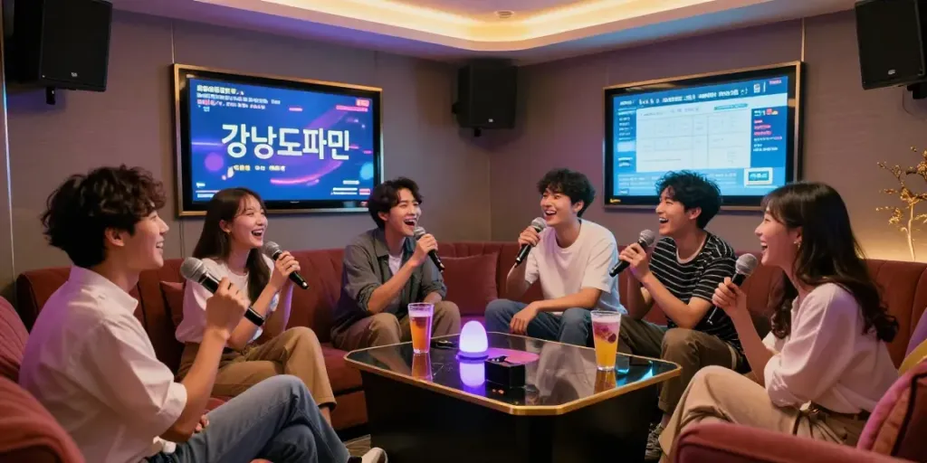 강남도파민에서 즐거운 시간을 보내는 친구들, 노래와 대화를 나누는 장면