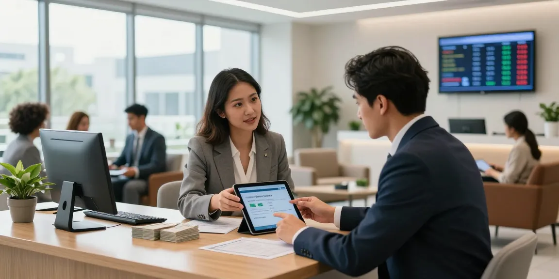 Customer discussing deposit 5000 options with a financial advisor in a bright modern banking environment.