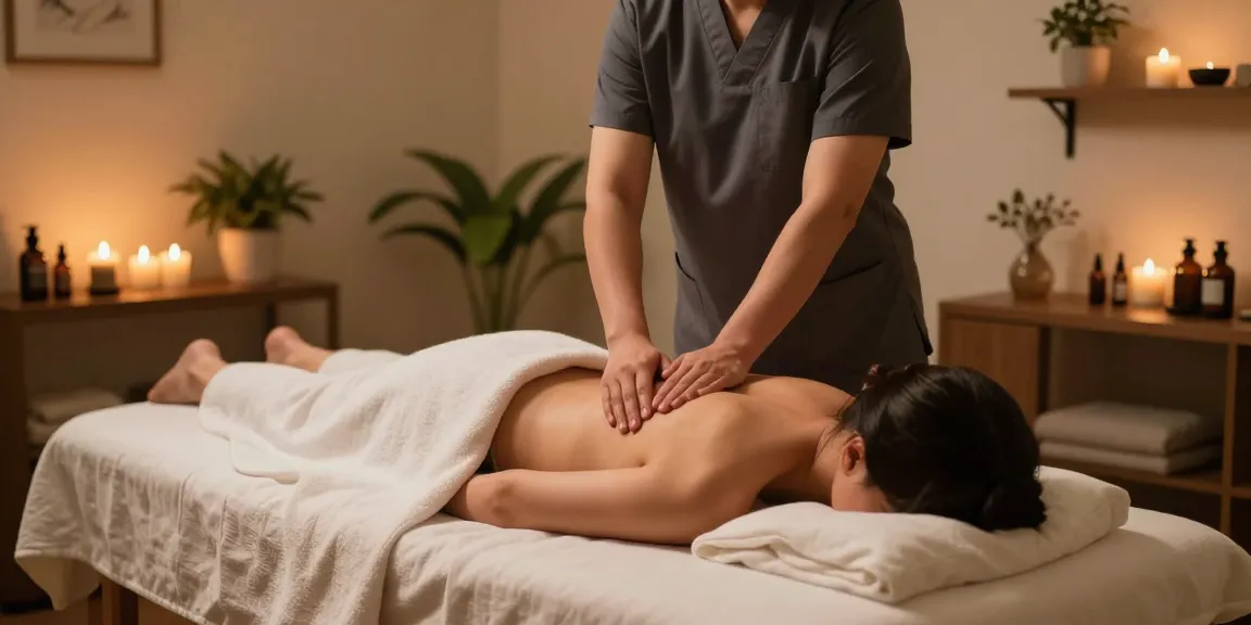 마사지 중인 고객과 아로마 테라피 제품이 있는 편안한 스파 환경