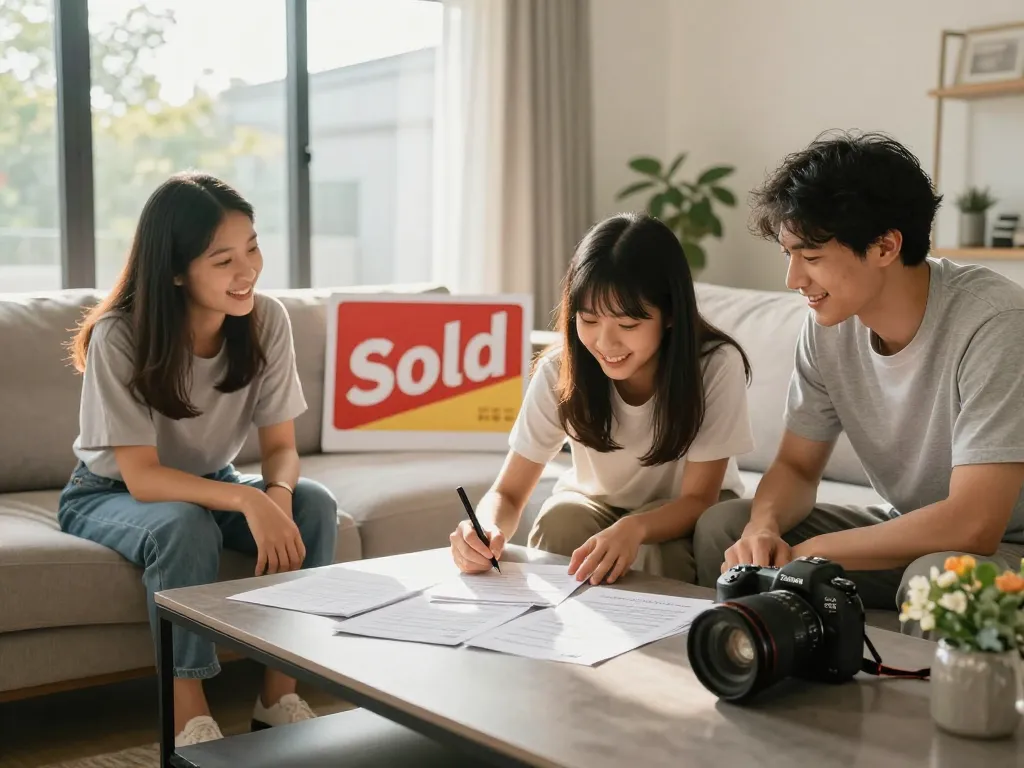 Sell my house fast for cash as a happy family finalizes their home sale in their cozy living room