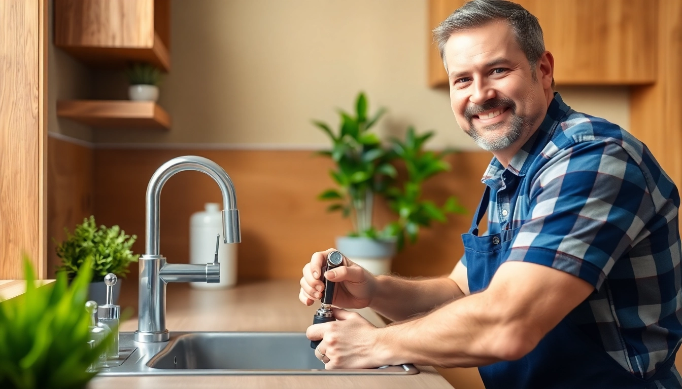 Hire a professional plumber near me fixing a sink in a modern kitchen.