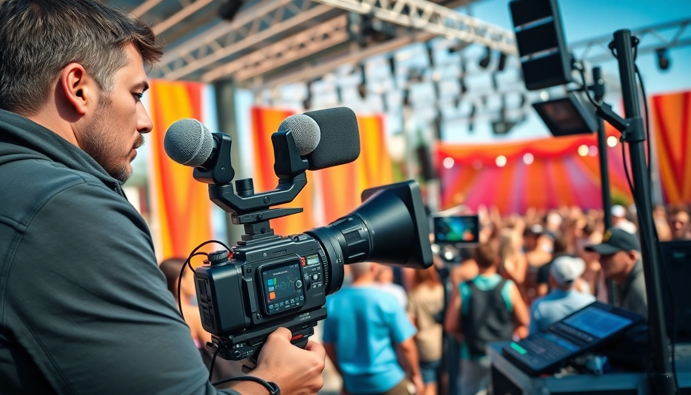 Showcasing mobile production services, a videographer works at a vibrant outdoor event, enhancing audience engagement.