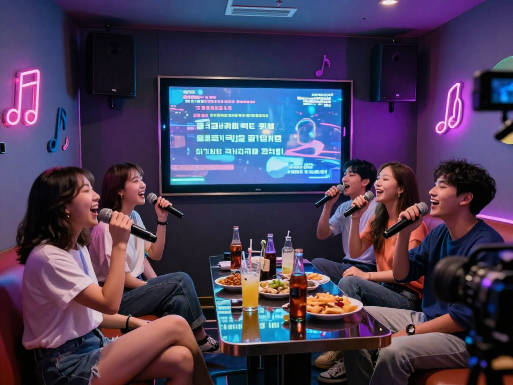 도파민 가라오케에서 친구들이 즐겁게 노래하는 모습, 화려한 조명과 음료가 테이블에 놓여 있습니다.