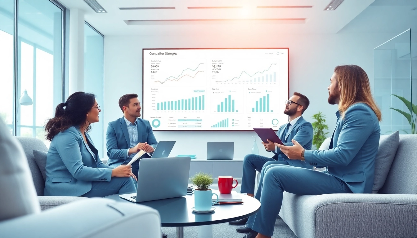 Analyze competitor pricing strategies among business analysts in a modern office environment setting.
