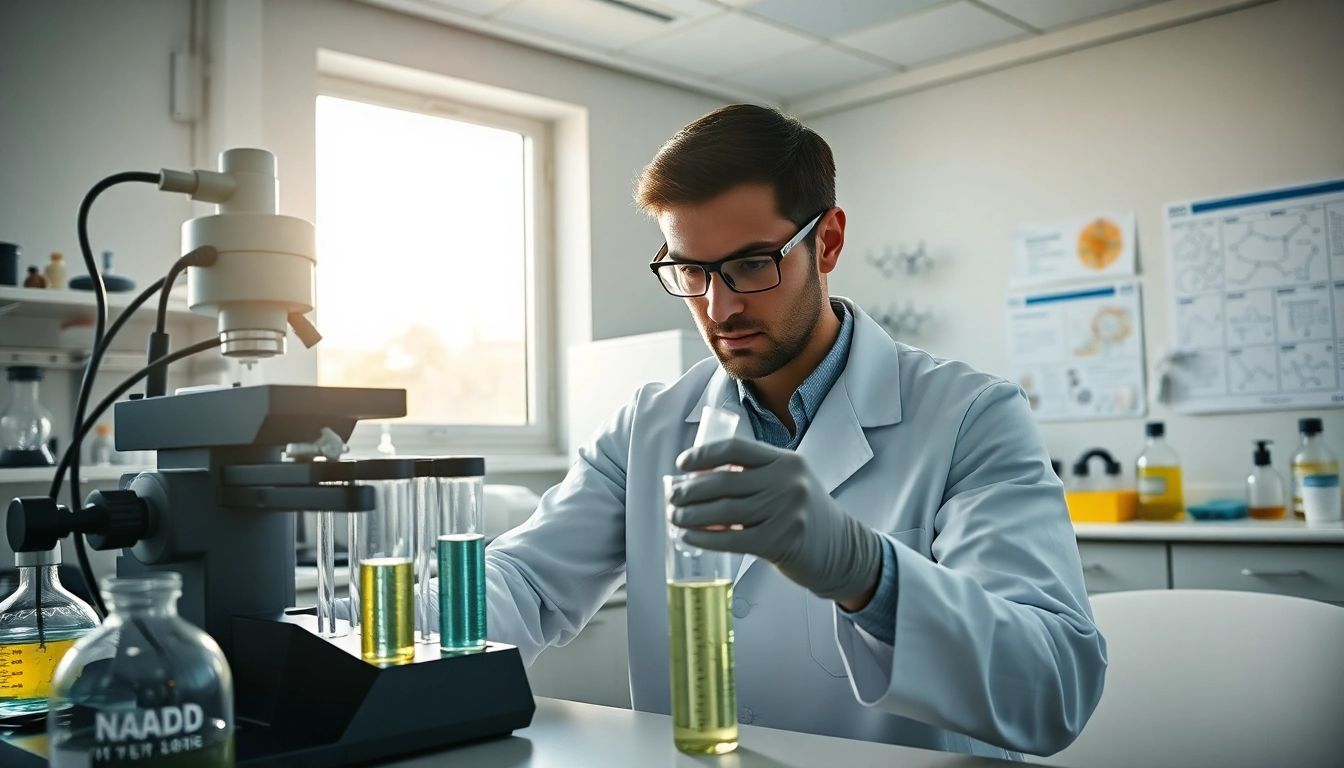 NAD+ research in a professional lab setting with glowing solutions in test tubes.
