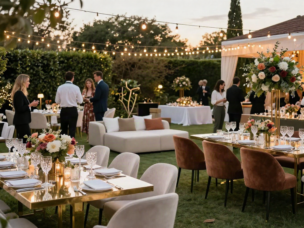 Event furniture rental at an elegant outdoor wedding reception with stylish seating and ambiance.