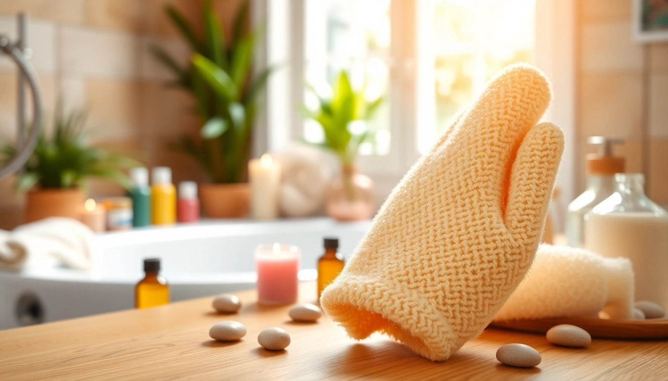 Use hand loofah glove to exfoliate and rejuvenate your skin in a serene bathroom setting.