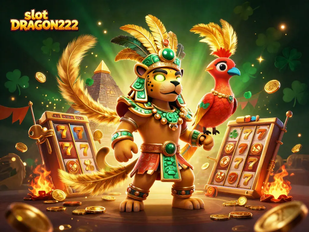 Engage with slot DRAGON222 action as Mayan characters spin to win in a dynamic casino scene.
