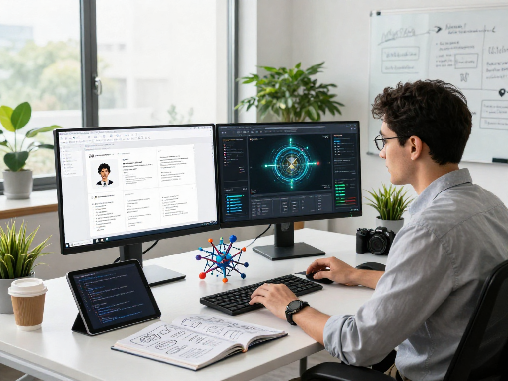AI image detector used in a modern workspace for content moderation analysis, showcasing dual monitors and data visualizations.
