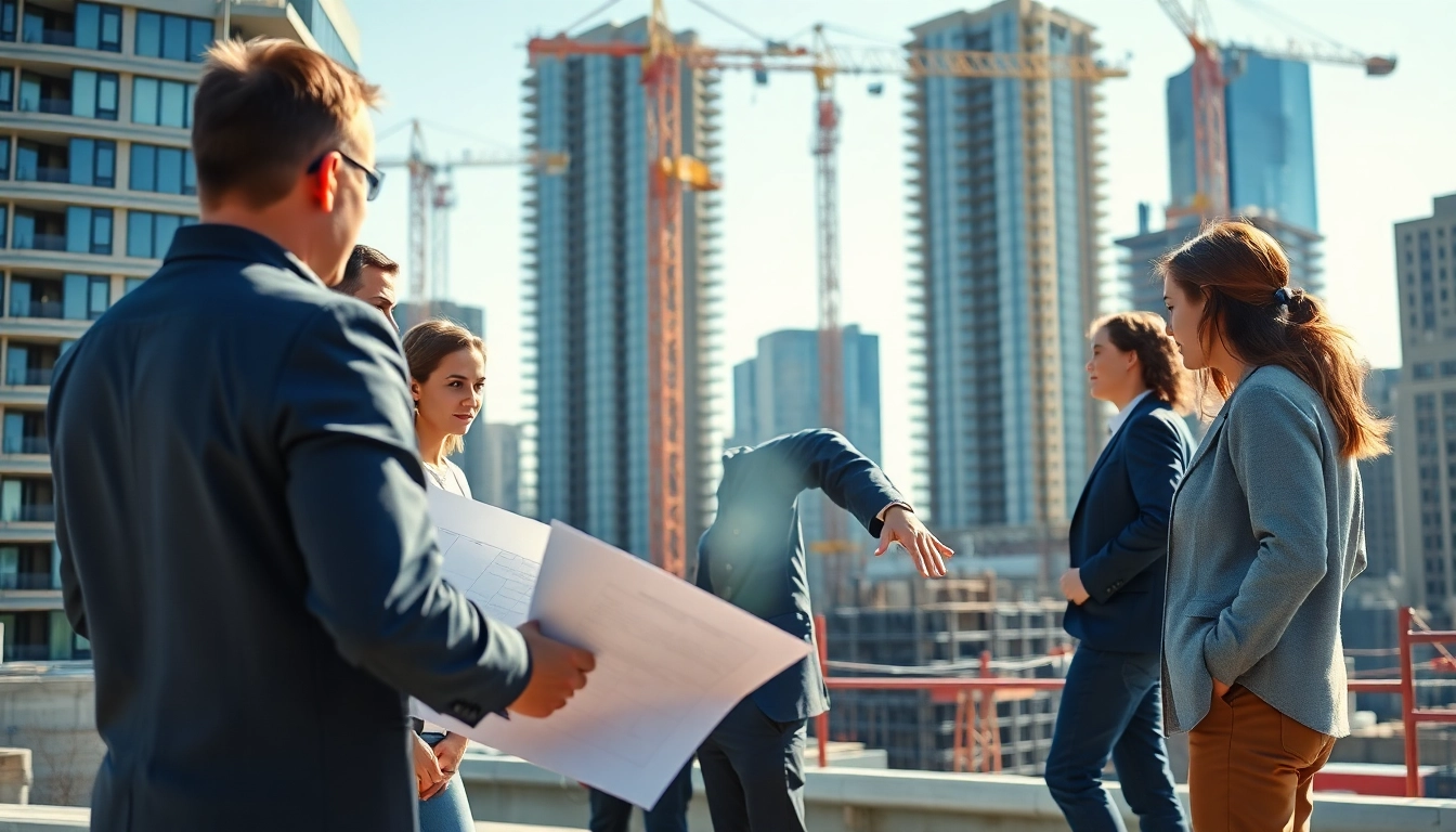 Efficient Manhattan Construction Manager guiding a team on a busy construction site.
