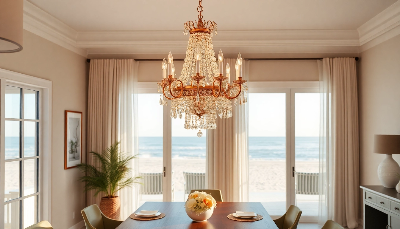 Stunning island chandelier illuminates a spacious dining area with coastal decor.