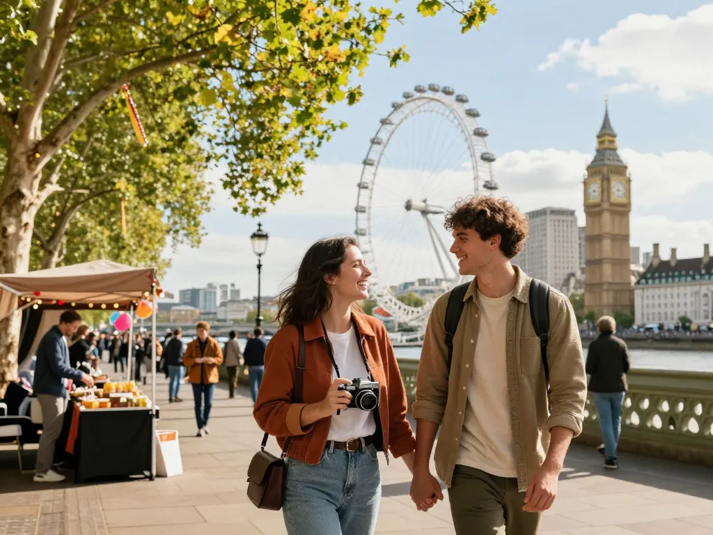 Best things to do in London include exploring Southbank with a stylish couple enjoying the sunny day.