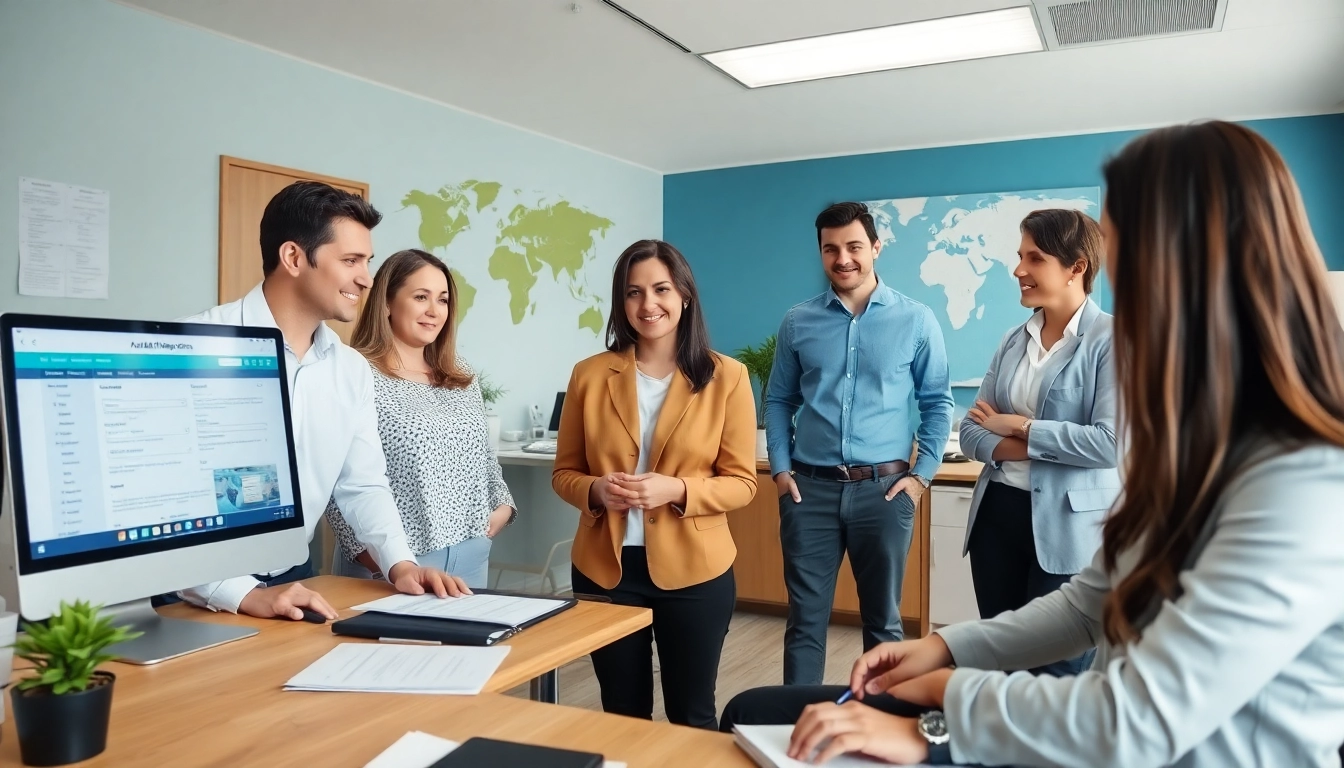 Migration agent in Australia consulting with clients in a professional office.