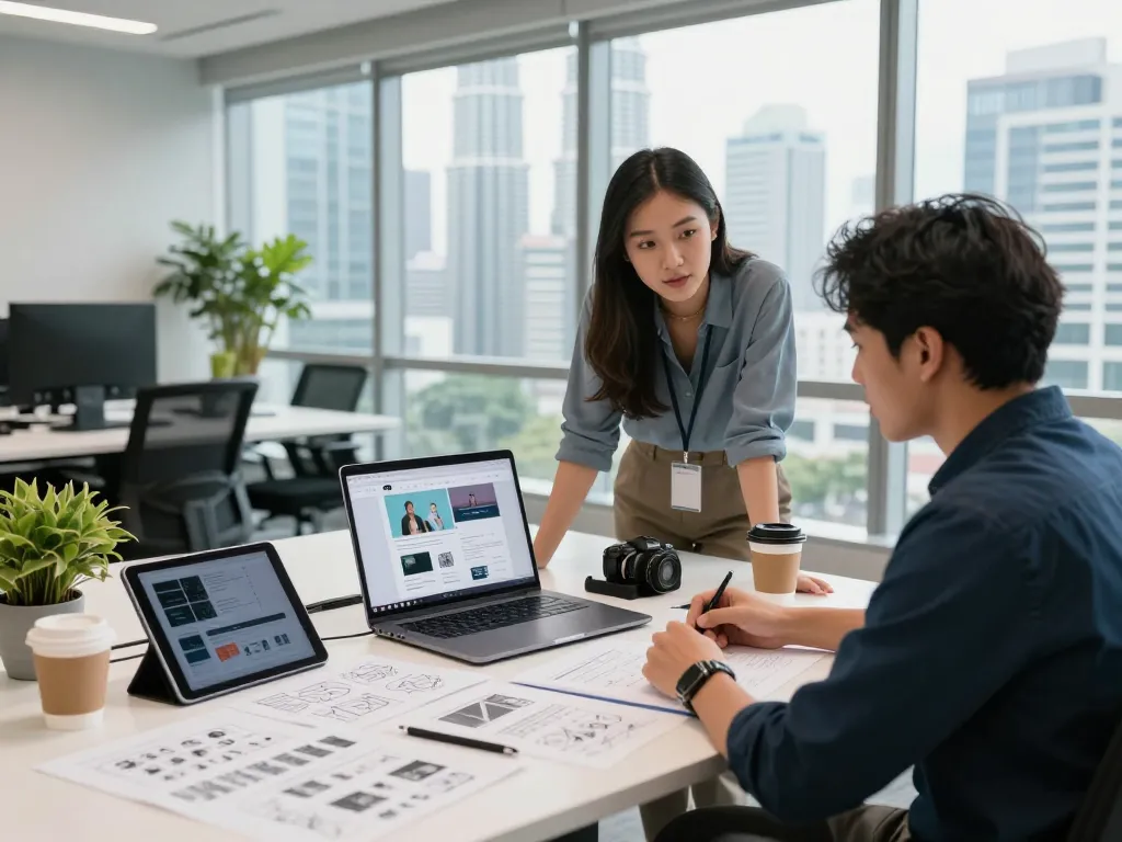 Freelance website designer Malaysia working with a client in a modern office setting.