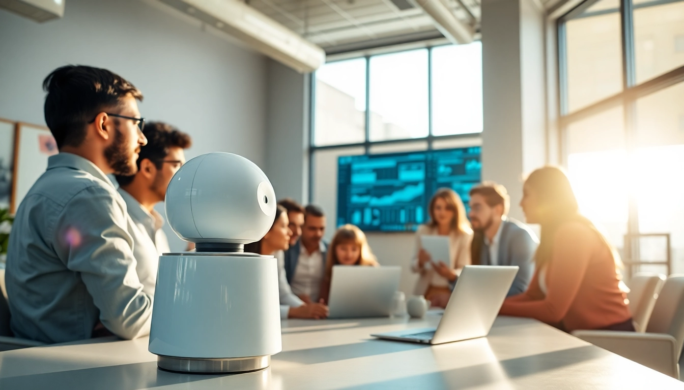 AI assistant for enterprise teams collaborating in a modern office, engaging with technology and diverse team members.