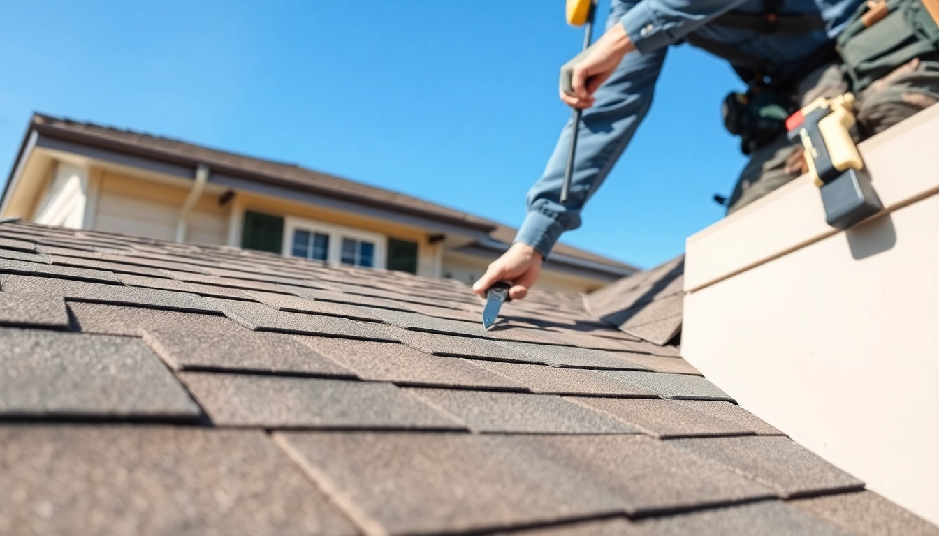 Roof repair expert evaluating shingles and tools under a clear sky.