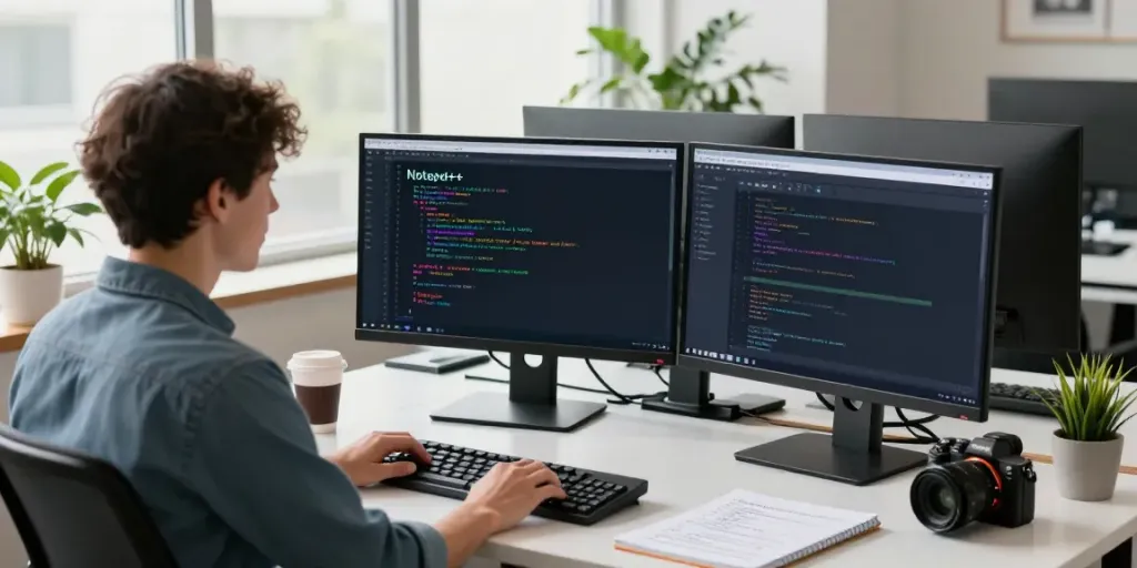 Developer using Notepad++ in a modern workspace with dual monitors and coding tools.