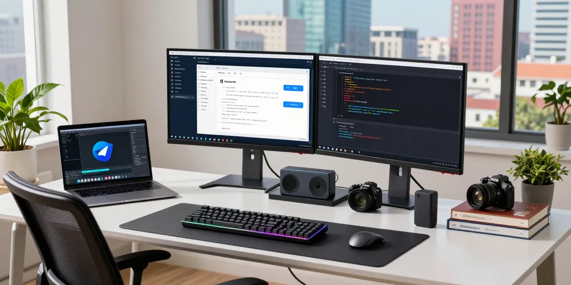 Developer coding the 纸飞机下载 application in a modern workspace, showcasing tech gadgets and a vibrant city view.